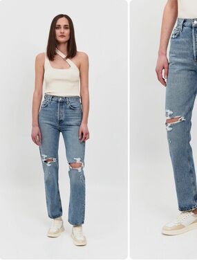 AGOLDE Riley High Rise Straight Crop Jeans Size 28 Distressed Denim